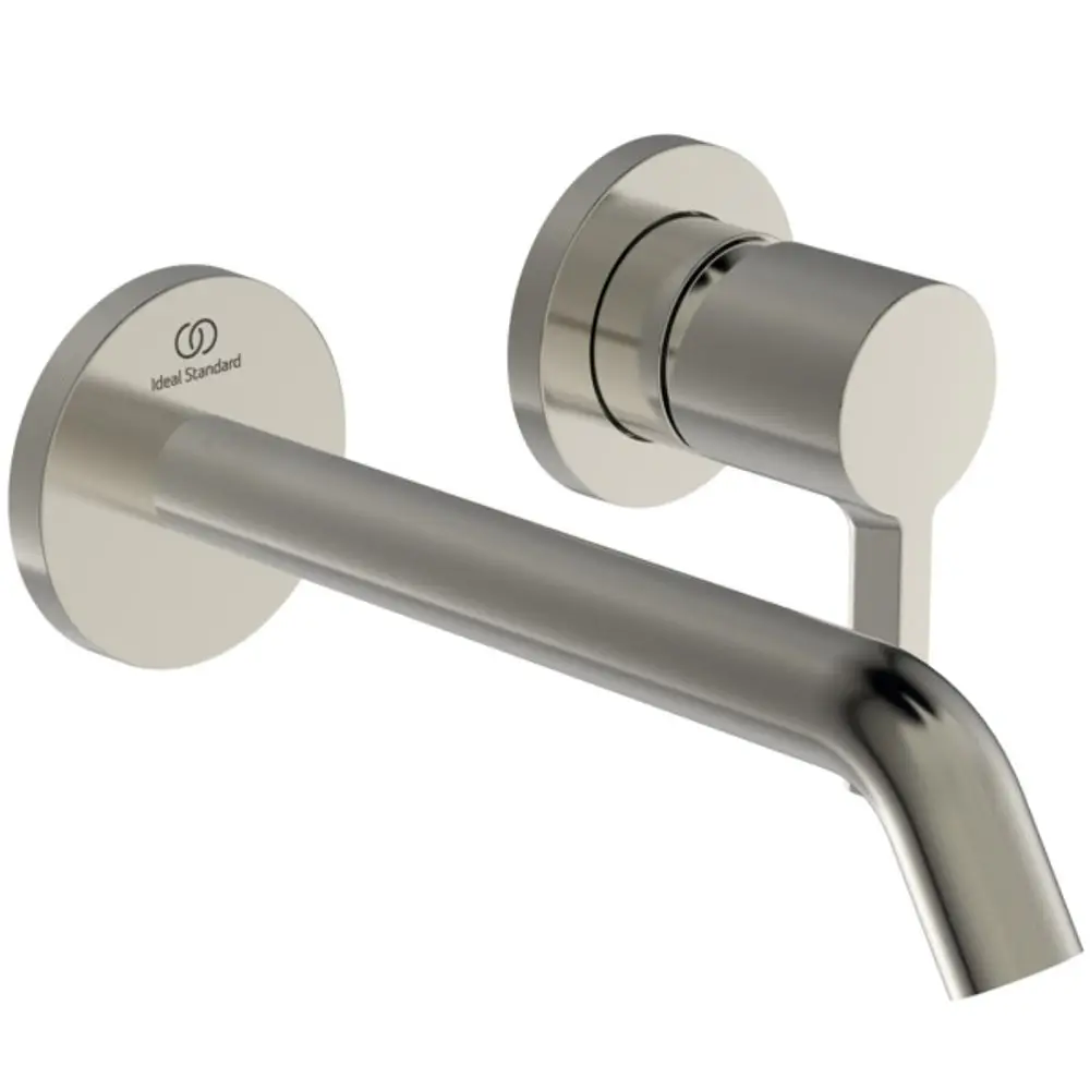 Wandmontierte Waschtischarmatur in Silber mit runder Rosette und einer Ausladung, hergestellt von Ideal Standard.